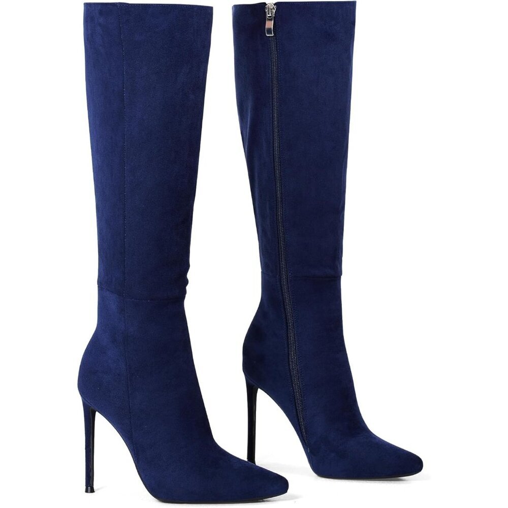 Women's Navy Blue Leather Suede Knee High Stiletto Tall Pointed Toe Stylish Boot - Picture 5 of 6